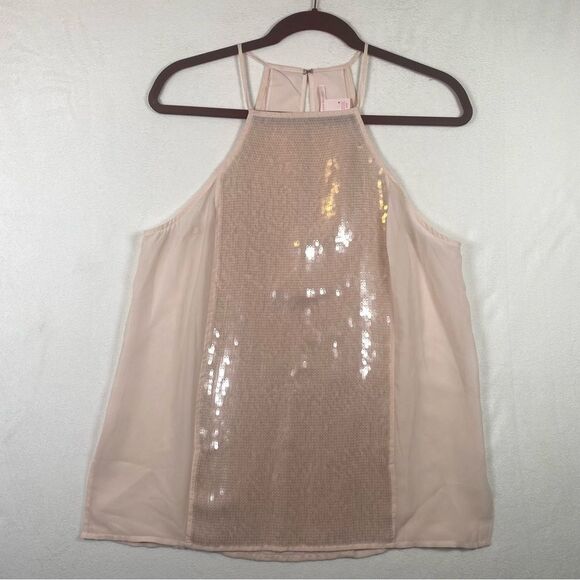 Victoria's Secret Pale Pink Semi Sheer Sequined High Neck Sleeveless Top Size M - Picture 1 of 13